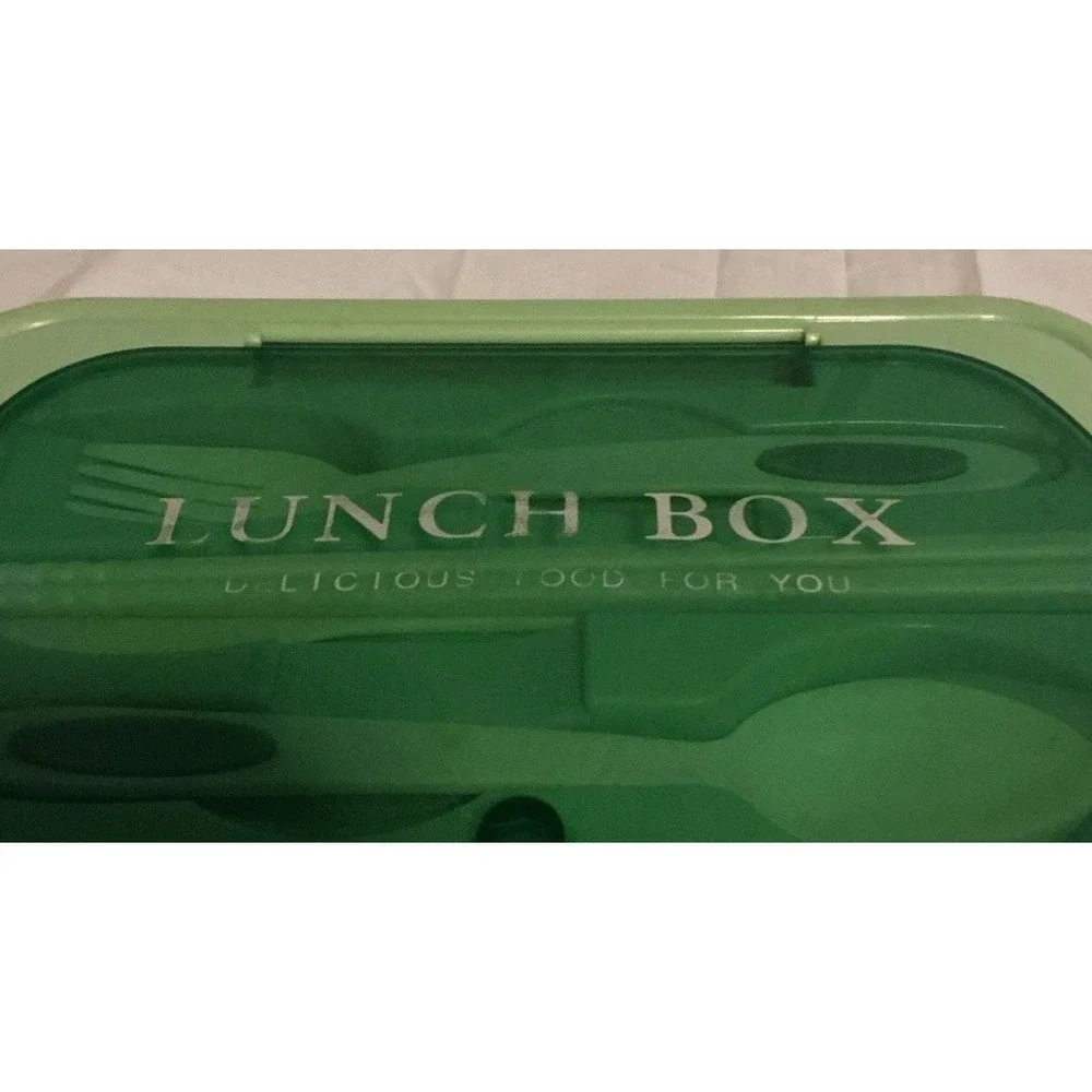 Lunch‎ Box Avacado Green Plastic Utensils Chopsticks Fork Knife Spoon Snap Sides
